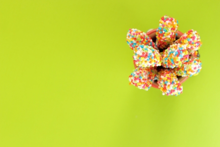 top view of bread with sweet colorful chocolate on vivid green backgroundの写真素材