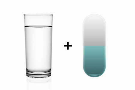 Glass of water and illustration pill isolated on white background.の写真素材