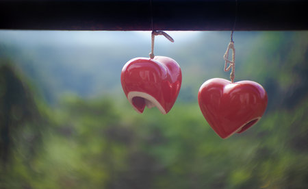 Pair of red ceramic hearts hanging on wooden beam in selective focus valley Used for Valentine's...