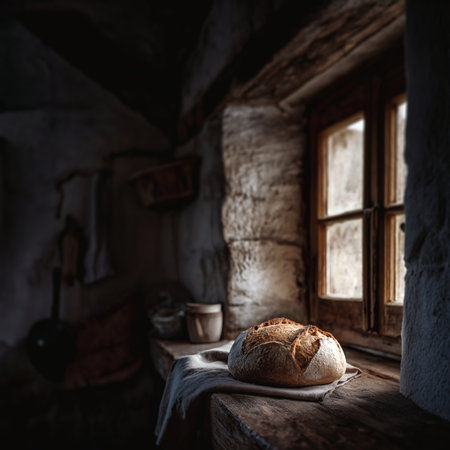 Rustic sourdough loaf resting on a wooden surface by a window in a vintage kitchen, lit by soft natural light.の素材