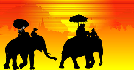 Tourists riding elephants in Ayutthaya province.のイラスト素材