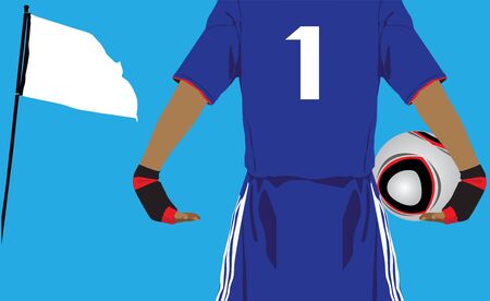 a young goalkeeper holding a football on blue background のイラスト素材