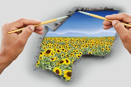 Two hand written sunflower field outside.