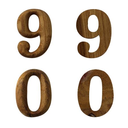 Wood number nine and the number zero, the convex and flat, on a white background with Clipping Part