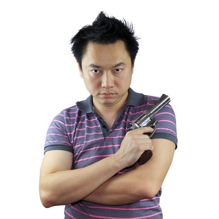 Man holding gun on white background