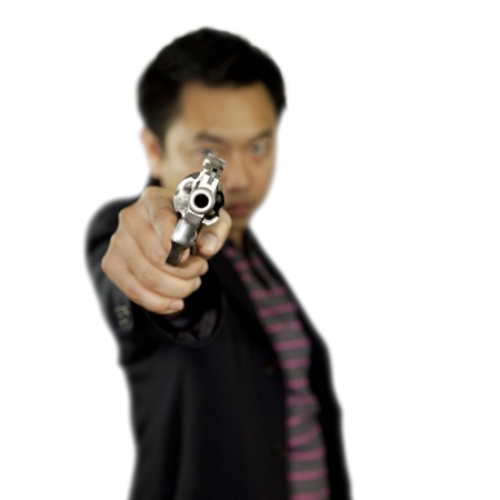 Man pointing gun on white backgroundの写真素材