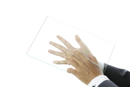 Hand holding blank glass transparent on a white background