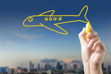 Hand drawing airplanes and the city, The concept of travelの写真素材
