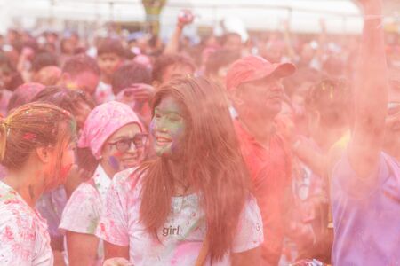 BANGKOK, THAILAND - March 2016: Unidentified People celebrating during the color throw at the Holi...