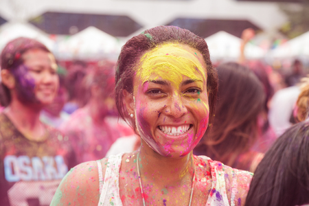 BANGKOK, THAILAND - March 2016: Unidentified People celebrating during the color throw at the Holi...