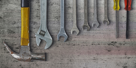 Set of hand tools on metal backgroundの写真素材
