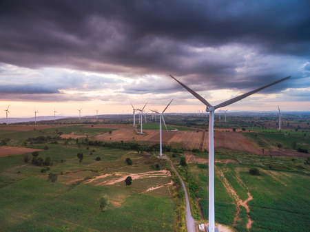 Aerial view of wind turbine power generator farm