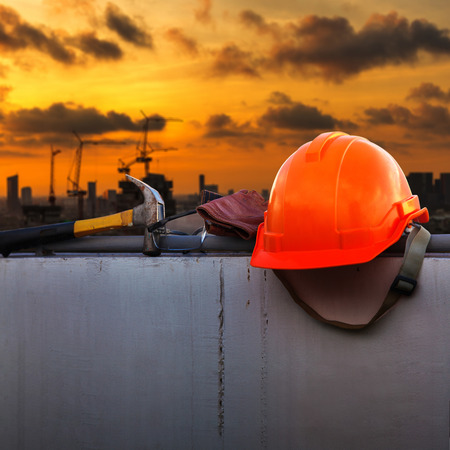 Construction helmet and Construction Tools on Construction siteの写真素材