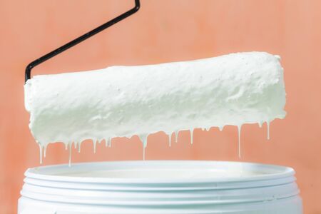 Painter painting the walls white in houseの写真素材