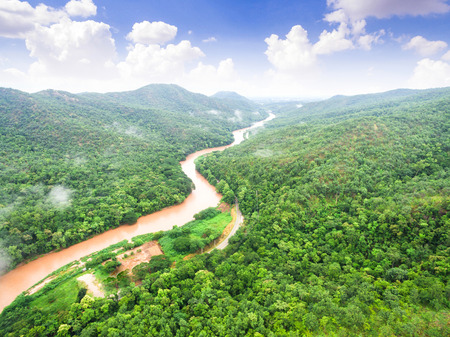 Aerial view of beautiful tropical forest with the river, Shot from droneの写真素材