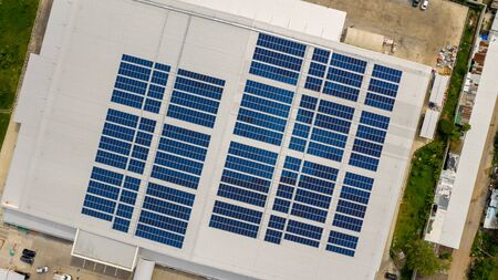 The top view of the solar cells on the roof taken with the drones