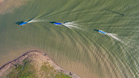 Aerial top view of Tour boat at Sangklaburi in Kanchanaburi province, Thailand