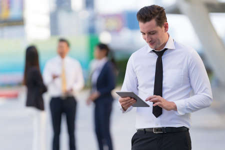 New normal,  Virus Situation in Business Concept, A group of four business people with Surgical...