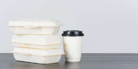 Blank paper coffee cup set with paper food containers on white backgroundの写真素材