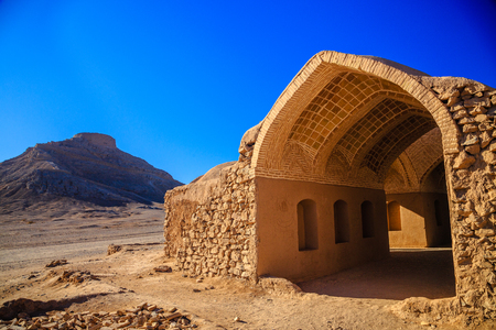 View to the Zoroastrian temples ruins and the Tower of Silence in Yazd, Iran.の写真素材