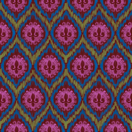 A vibrant ikat pattern featuring bold pink, blue, and green hues with intricate designs. This luxurious pattern is perfect for adding a touch of elegance and modern flair to textiles, fashion, and home decor.の写真素材