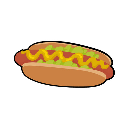 Isolated vector illustration of delicious hotdog with sauce and salat for poster, menus, brochure, web and icon fastfood. Cartoon style  with outline on white backgroundのイラスト素材