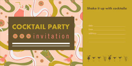 Cocktail party horizontal invitation card template with cocktails, citrus, waves. Pink, green and gold colors. Place for your text.のイラスト素材