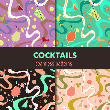 Creative trendy patterns set  with cocktails, citrus and waves for your design project. Seamless summer texture set.のイラスト素材