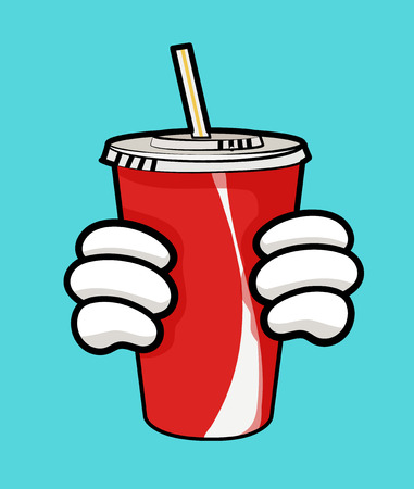 Isolated illustration of disposable red soda cup for beverages with straw and holding hands. Image for print and web design. Cartoon style with black outline on white background. Can be used as templateのイラスト素材