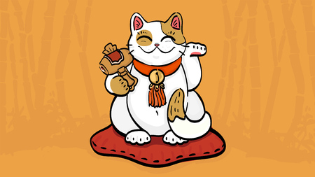 illustration of maneki neko talisman cat beckoning wealth with an upright paw raised and golden hammer. The cat sitting on the pillow in bamboo forest. Can be used as wallpaper or for print design.のイラスト素材