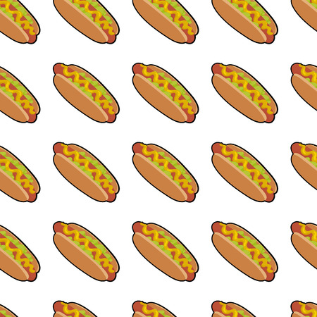Pattern with delicious hotdog with sauce and salat  for poster, menus, brochure, web fast food business. Cartoon style  on white backgroundのイラスト素材