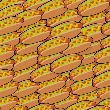 Pattern with isometric delicious hotdogs with sauce and salad for poster, menus, brochure, web fast food business. Cartoon style  on white backgroundのイラスト素材