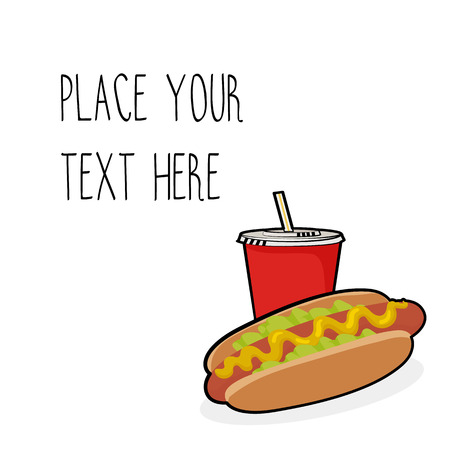 Vector template with hotdog and red soda cup for fast food business. Isometric cartoon style with text.のイラスト素材