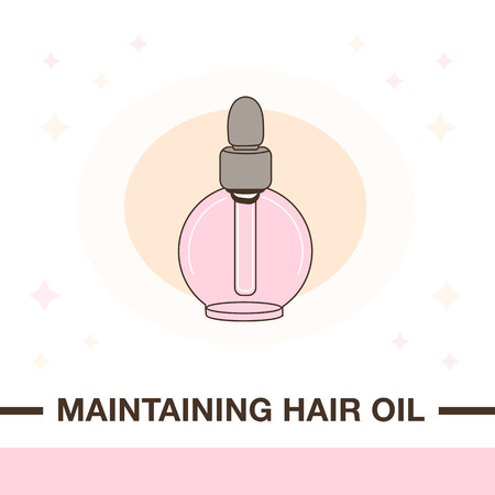 Illustration of maintaining hair oil product. Flat style with delicate outline and nude colors.のイラスト素材