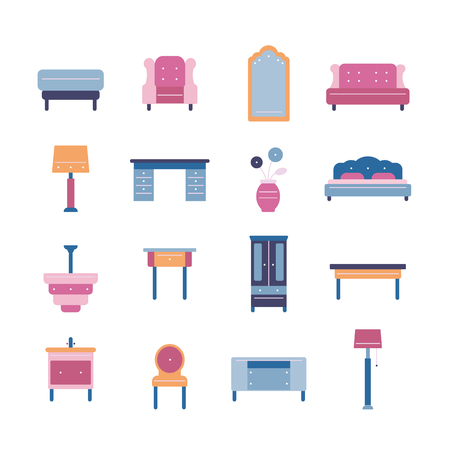 Set of furniture and home decor vector icons. Flat style in blue, pink and orange colors for web and printのイラスト素材