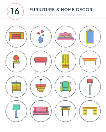 Collection of furniture and home decor colored vector icons. Bright isolated elements with delicate outline for web and printのイラスト素材