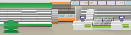 Supermarket interior with branding. Furniture and equipment with empty shelves for different kinds of goods.のイラスト素材
