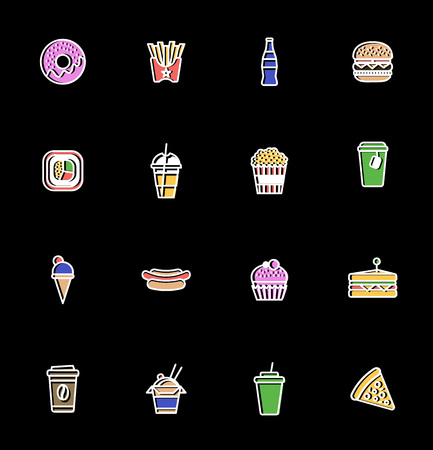 Collection of 16 colorful fast food & snack vector icons. White line isolated pictograms for web and print design with stamp effectのイラスト素材