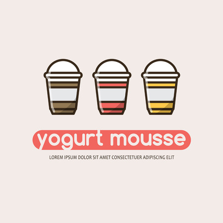 Food emblem with three yogurts, text "yogurt mousse" and text template.Colorful isolated vector food emblem in flat style with outline for your projectのイラスト素材