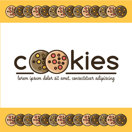Food emblem with text "cookies" and image of 2 cookies, text template and ornamentation. Colorful isolated vector food emblem in flat style with outline for your projectのイラスト素材