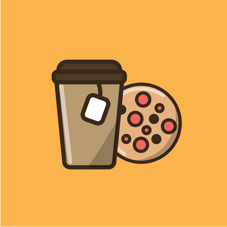 Tea drink in paper cup with cap and tea bag and choco chip cookie. Colorful isolated vector icon in flat style with outline for your projectのイラスト素材