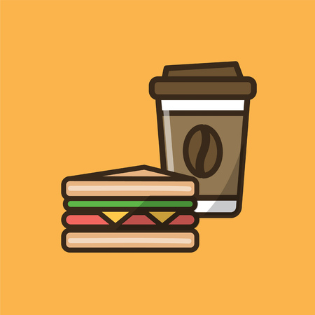 Coffee drink in paper cup with cap and classical sandwich. Colorful isolated vector icon in flat style with outline for your projectのイラスト素材