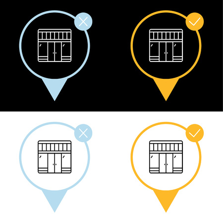Shop line icon on map pointer showing presence and absence of wireless communication. Two coloring varients.のイラスト素材