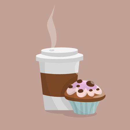 Coffee cup with cap and steam and delicious fresh muffin capcake. Vector isolated illustration in cartoon styleのイラスト素材