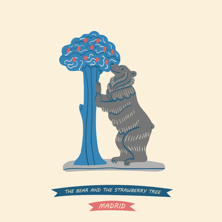 Hand-drawn illustration of The Statue of the Bear and the Strawberry Tree, represents the coat of arms of Madrid city, Spainのイラスト素材