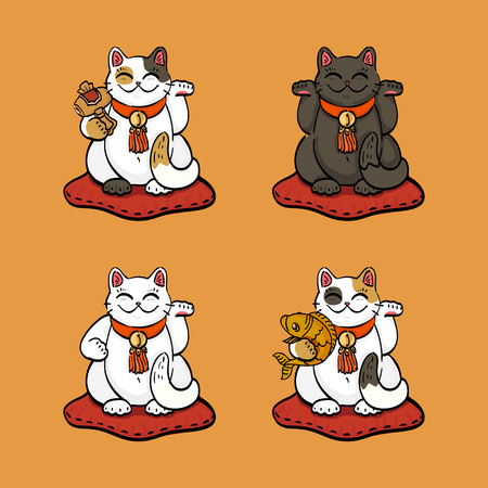 Collection of four lucky cats (maneki neko) drawn in different poses with lucky attributes (carp, hammer). Cats pictured sitting on pillows. Isolated illustrations. Cartoon style.のイラスト素材