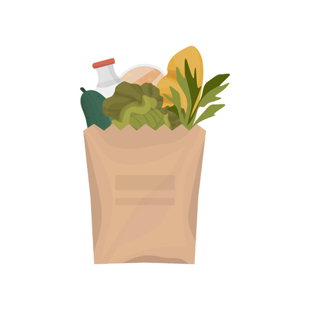 Paper package with healthy food: cabbage, carrot, avocado, bread, sandwich, milk in bottle. Vector isolated illustration in cartoon styleのイラスト素材