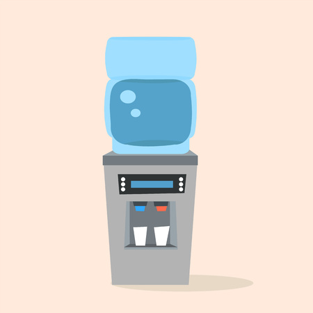 Illustration of office plastic water cooler with full blue bottle. Front view. Cartoon flat style. Isolated graphic element for your design projects on beige background with shadowのイラスト素材