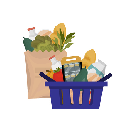 Paper package with healthy food and shopping basket full of food. Vector isolated illustration in cartoon styleのイラスト素材