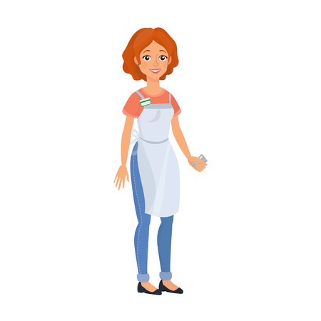 Cashier woman. European red haired woman holding credit card and dressed in uniform with badge and apron. Isolated vector illustration in cartoon style.のイラスト素材